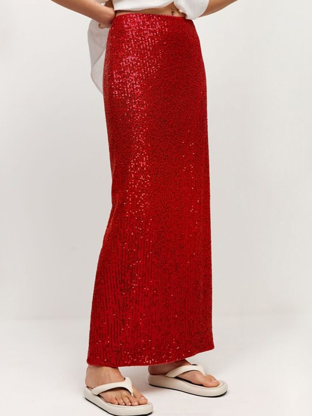 

LULU & SKY Sequined Back Slit Maxi Skirt, Red