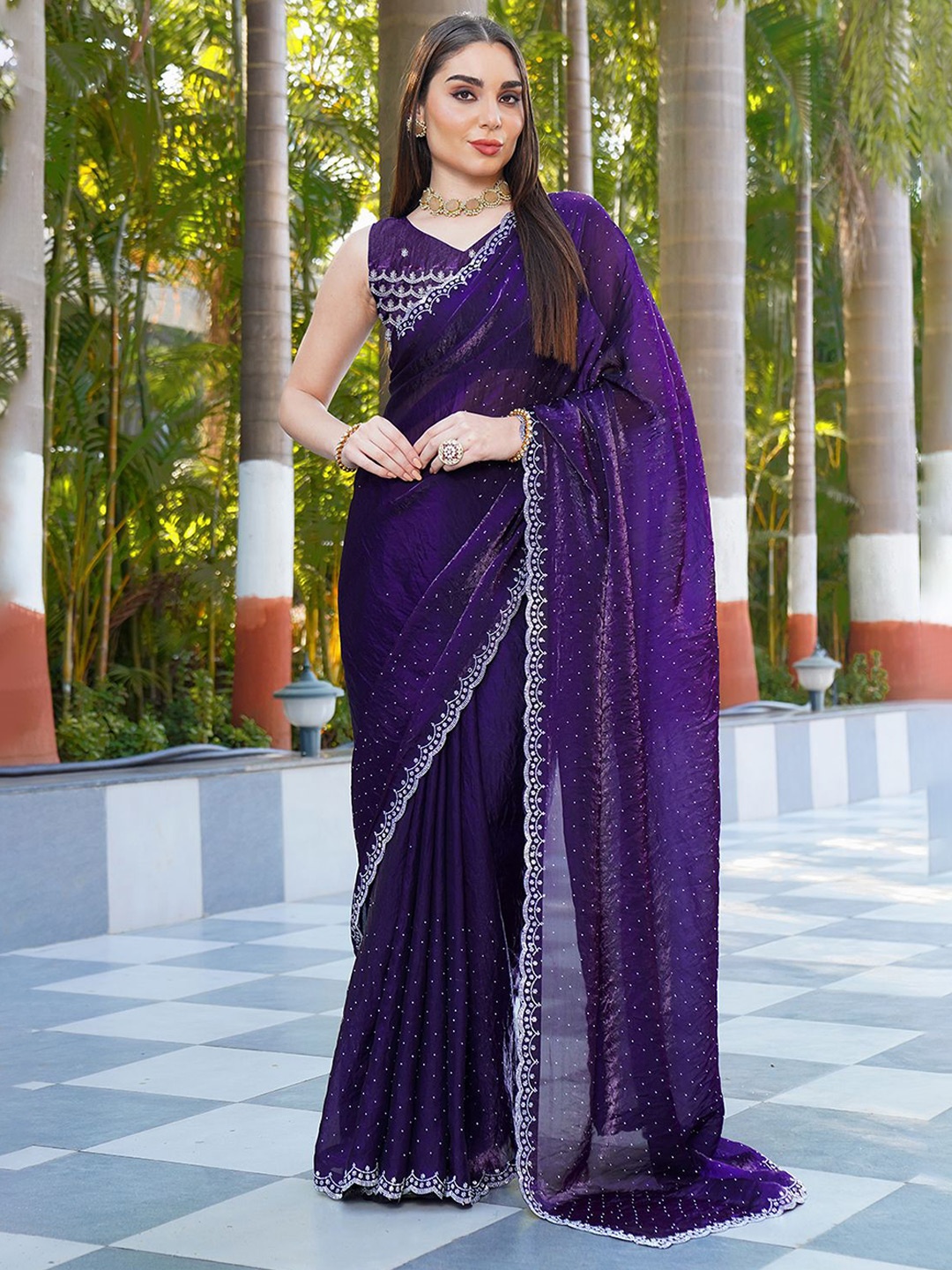 

NIRMAL CREATION Embellished Beads and Stones Satin Saree, Purple