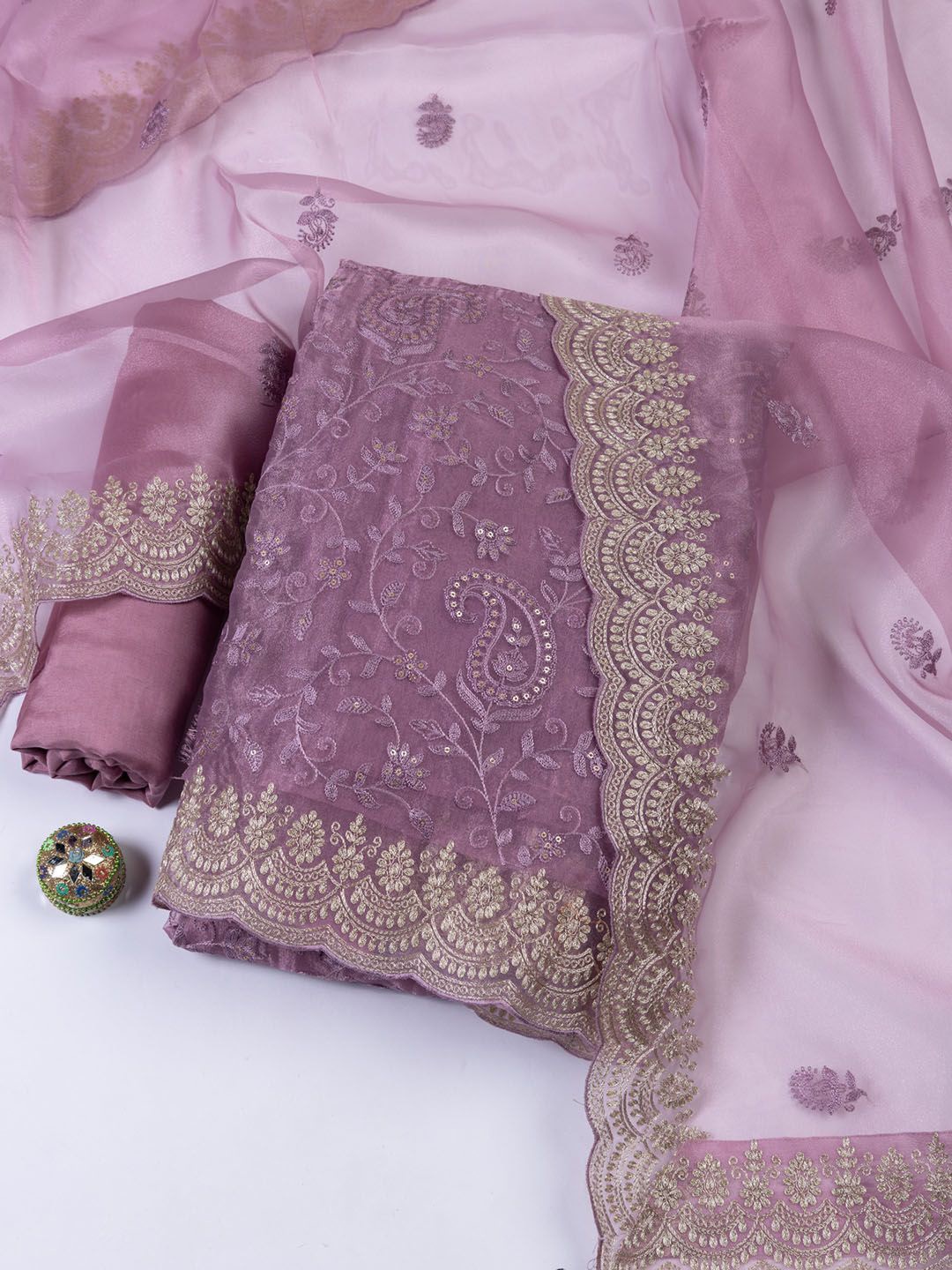 

Meena Bazaar Embroidered Organza Unstitched Dress Material, Mauve