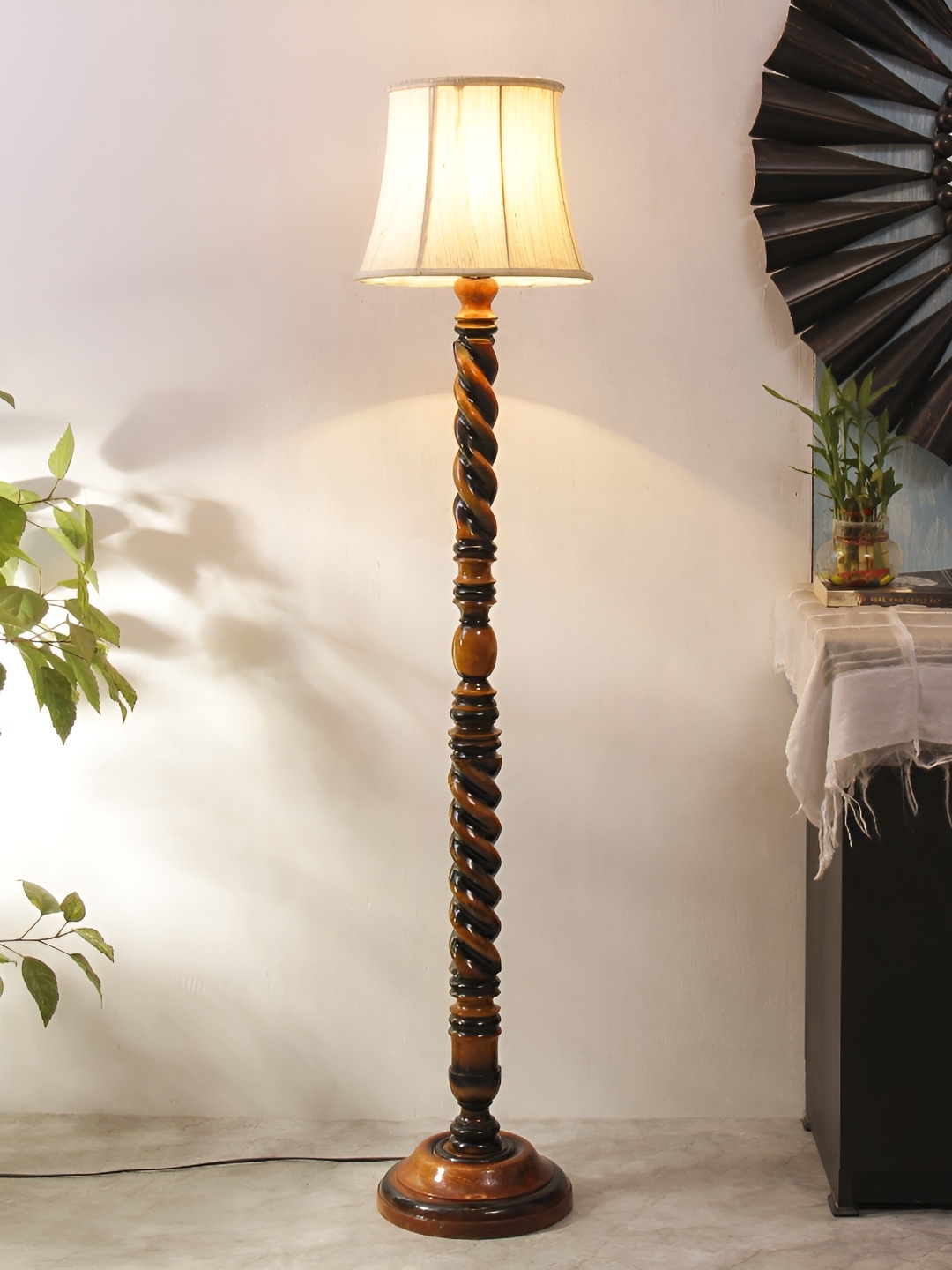 

Devansh White & Brown Textured Frustum Shaped Wooden Floor Lamp With Shade