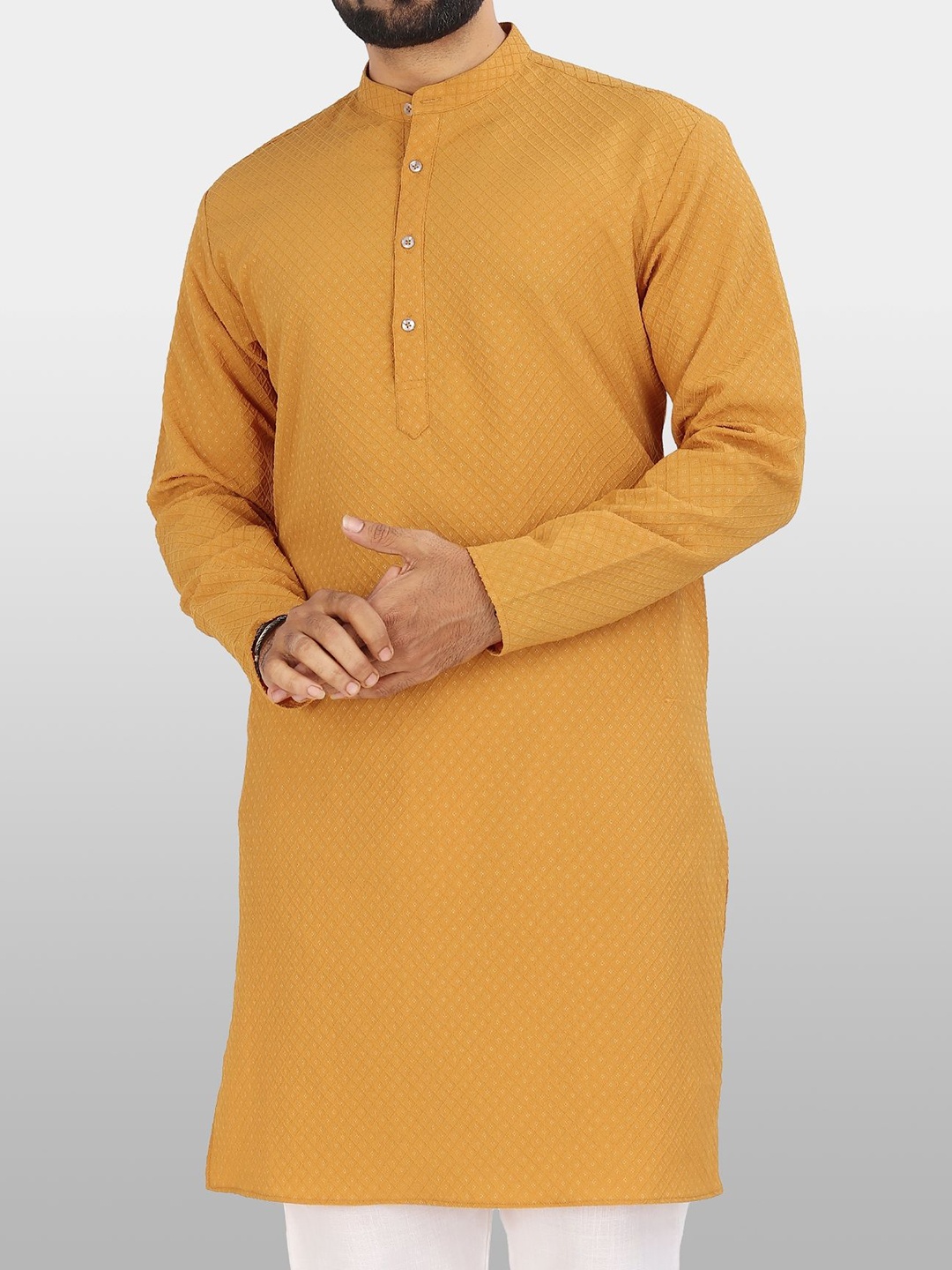 

VeBNoR Geometric Woven Design Band Collar Straight Kurta, Mustard
