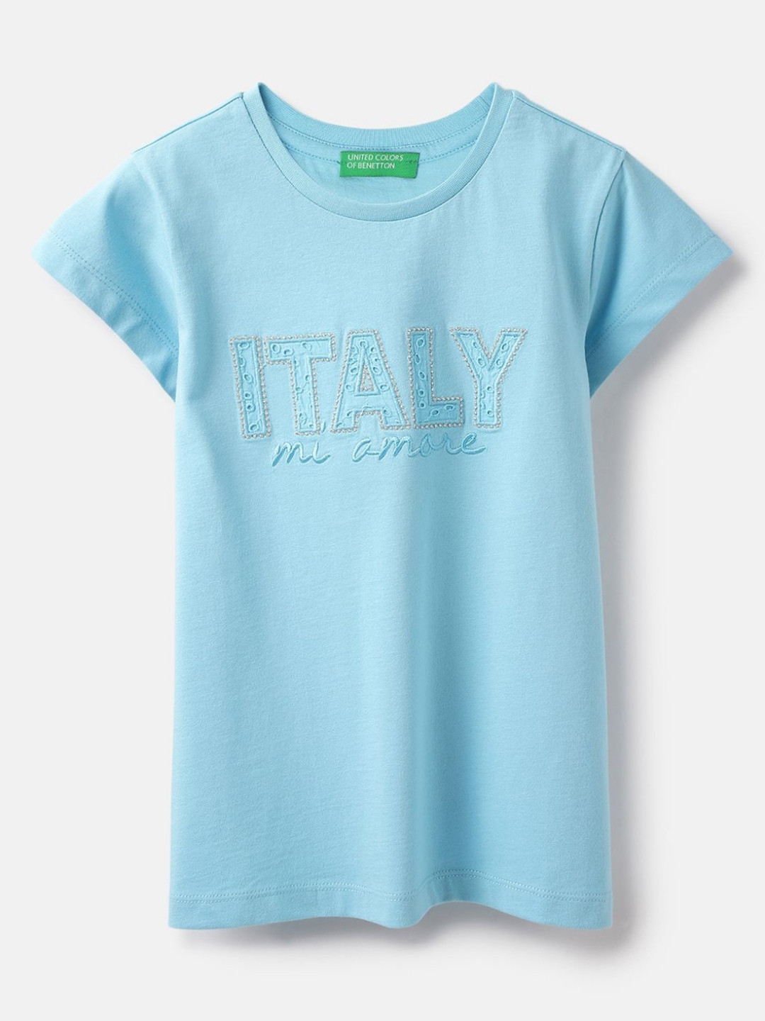 

United Colors of Benetton Girls Pure Cotton Applique T-shirt, Blue