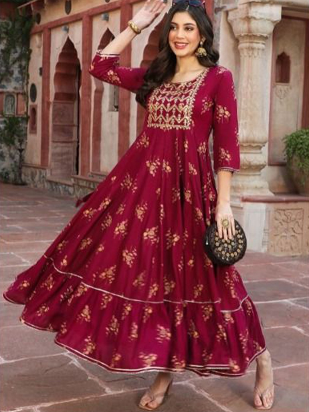 

Subh LAXMI Floral Print Fit & Flare Maxi Dress, Maroon