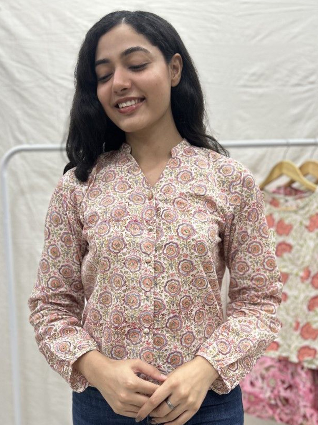 

GOODHAND Floral Print Block Print Cotton Top, Peach