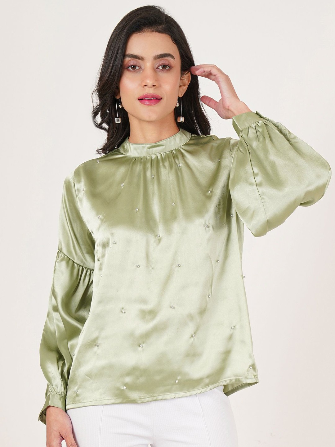 

U&F Embellished Choker Neck Puff Sleeve Satin Top, Green