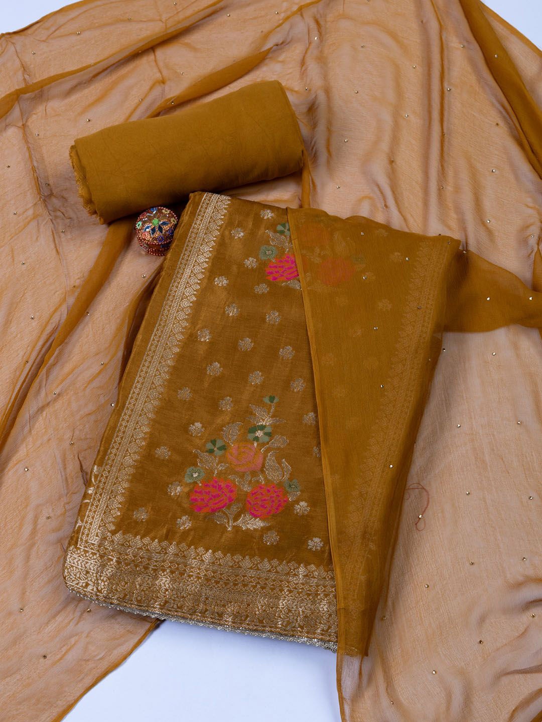 

Meena Bazaar Art Silk Unstitched Dress Material, Mustard