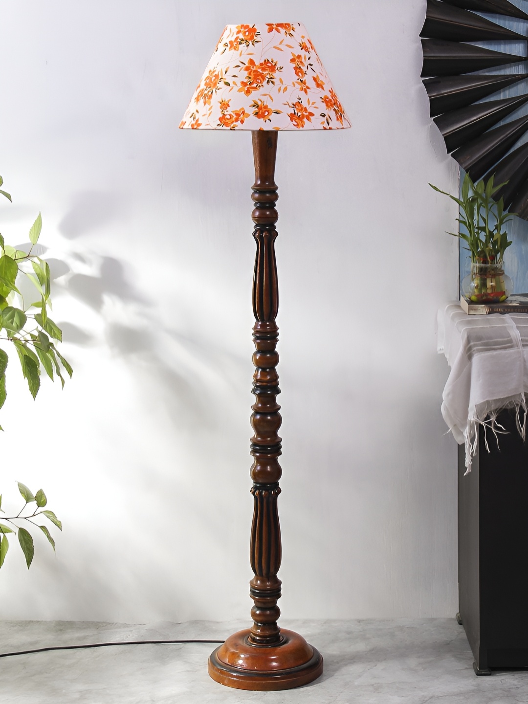 

Devansh Brown & Orange Printed Wooden Floor Lamp With Shade