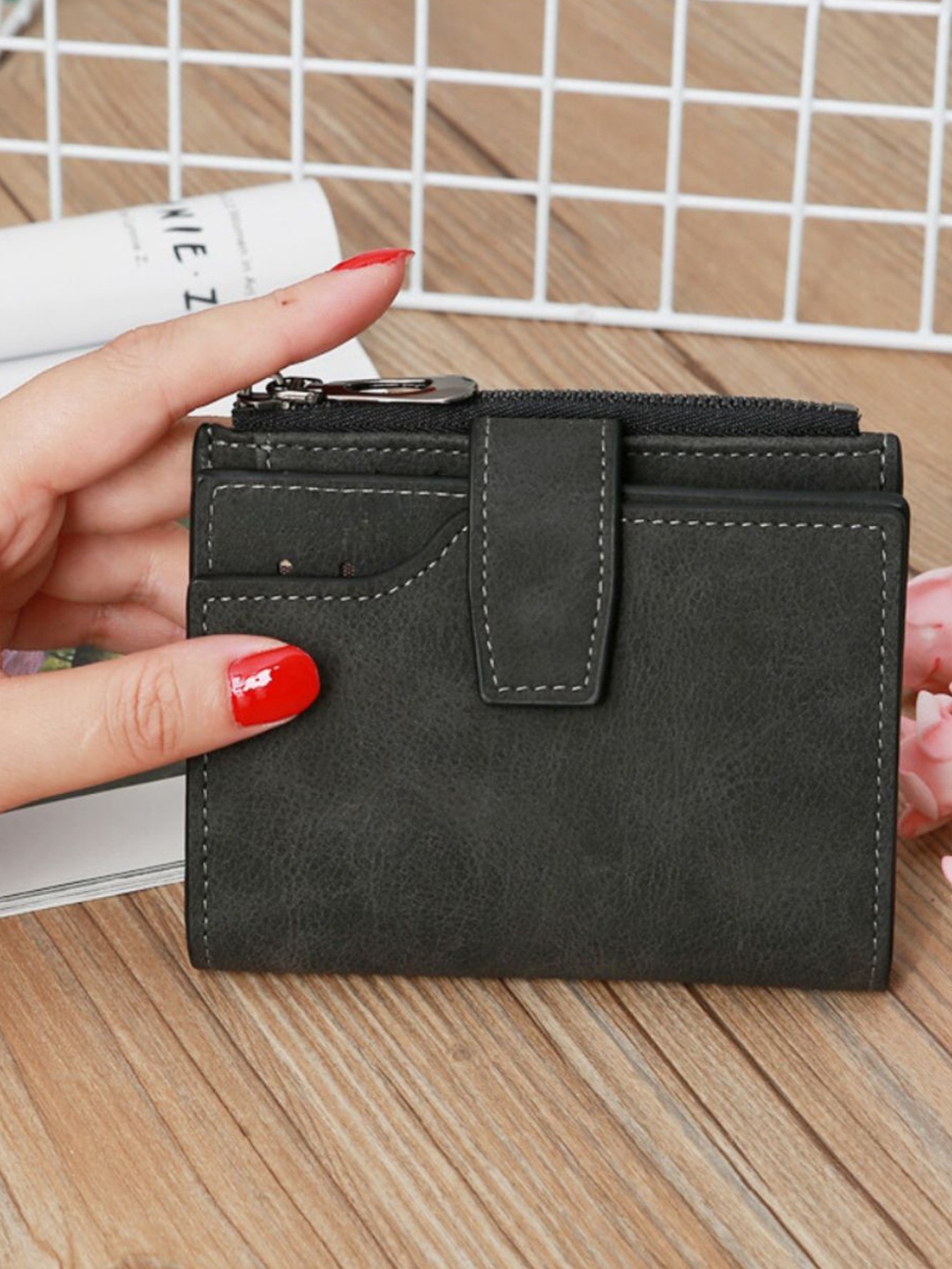 

ITALISH Women Zip Detail Leather Two Fold Wallet, Black