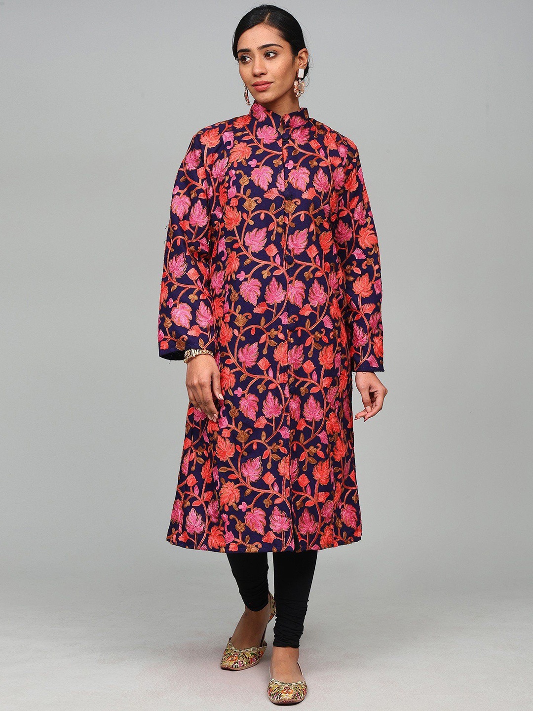 

Exotic India Women Floral Woollen Longline Tailored Jacket with Embroidered, Blue