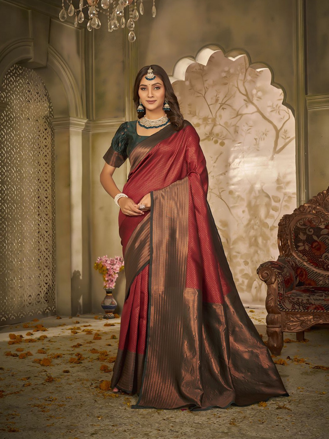 

KALINI Woven Design Zari Saree, Red