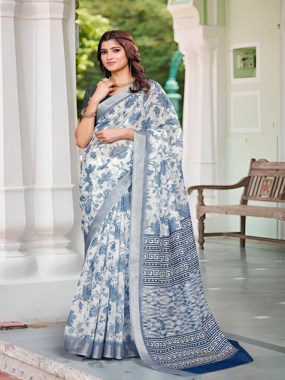 

TRENDING KART Floral Printed Zari Chanderi Saree, White