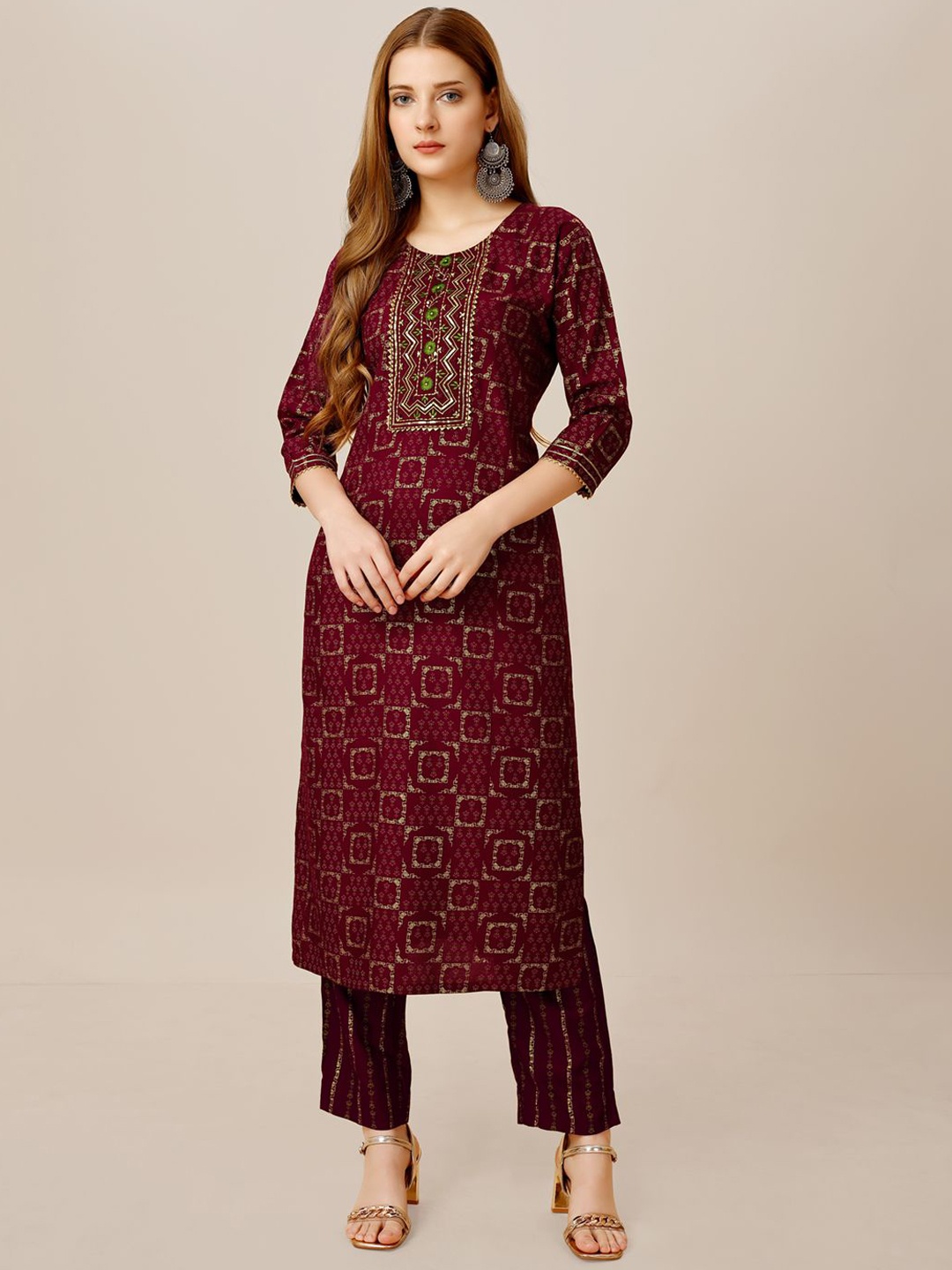 

HERE&NOW Women Printed Regular Gotta Patti Kurta with Trousers, Purple