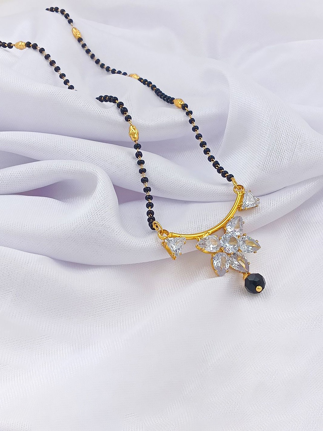 

Saizen Gold-Plated Sparkling Studded & Black Beaded Mangalsutra