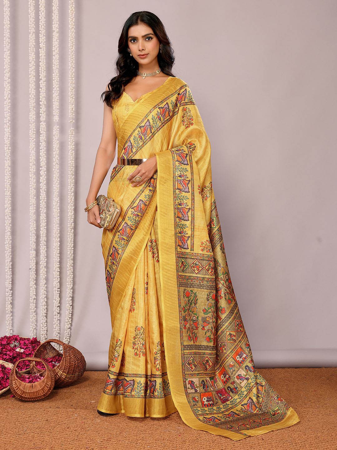 

Janasya Yellow Chanderi Silk Kalamkari Printed Kalamkari Saree with Blouse Piece