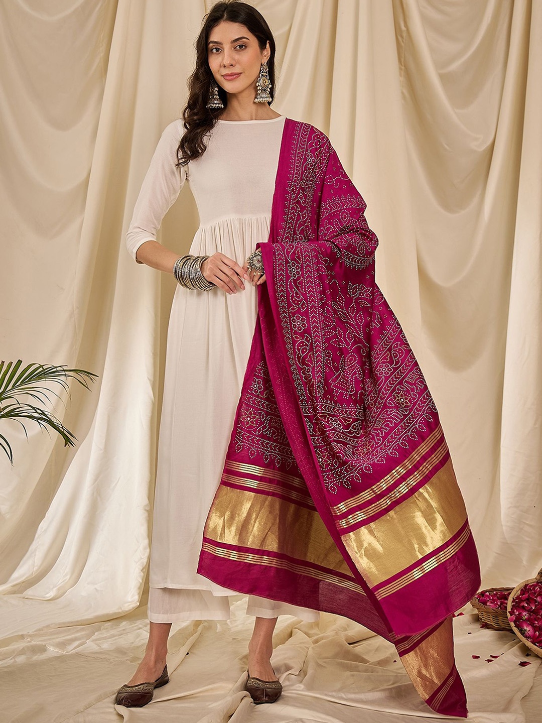 

InWeave Women Empire Kurta with Palazzos & With Dupatta, White