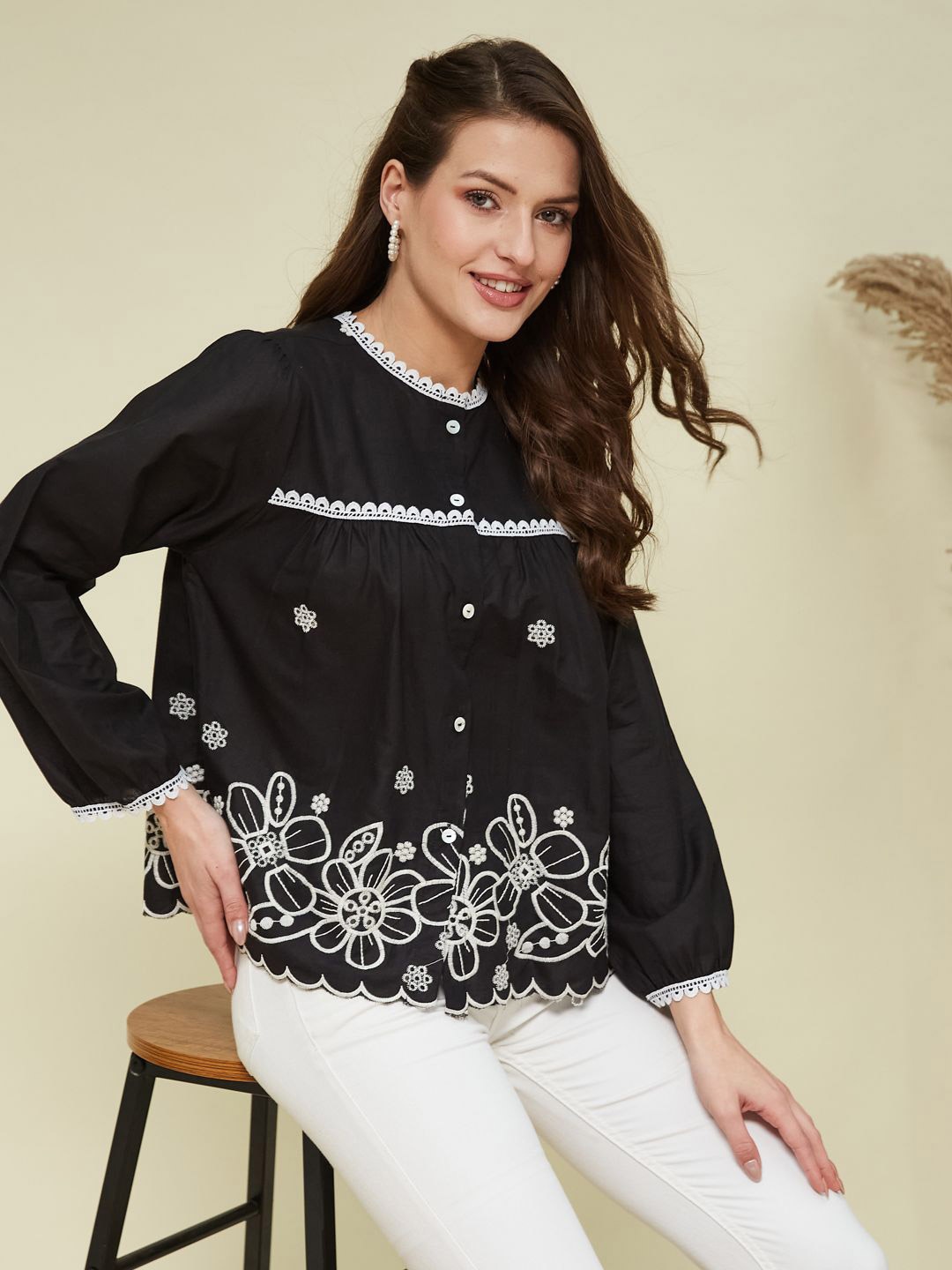 

J Turritopsis Women Relaxed Floral Embroidered Pure Cotton Casual Shirt, Black