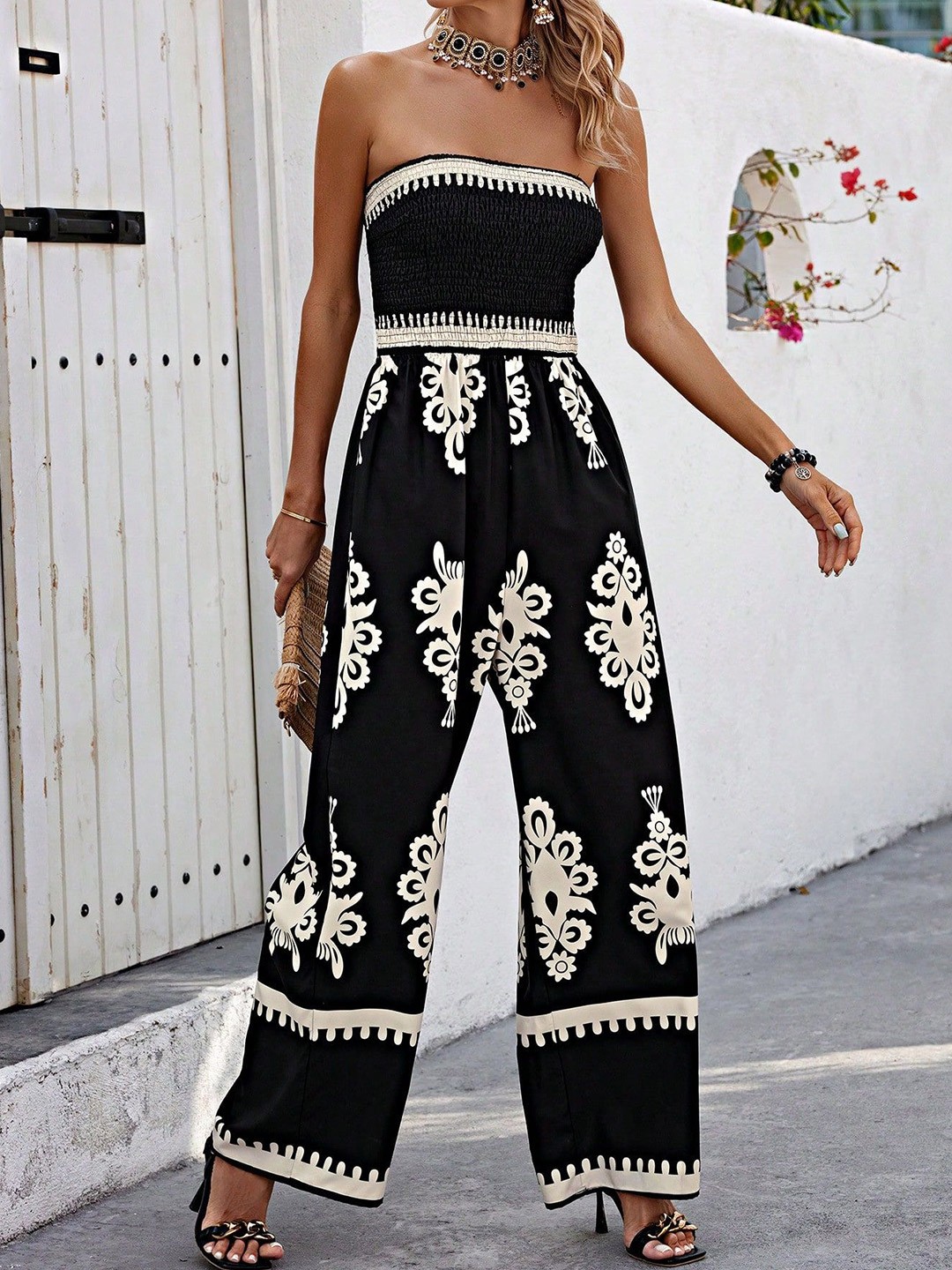 

HIGH BUY Off-Shoulder Printed Basic Jumpsuit, Black