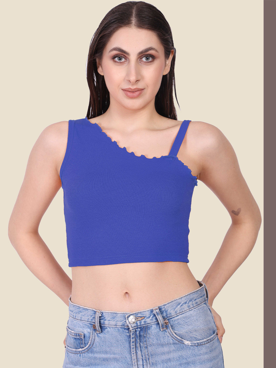 

Mast & Harbour One Shoulder Cotton Crop Top, Blue