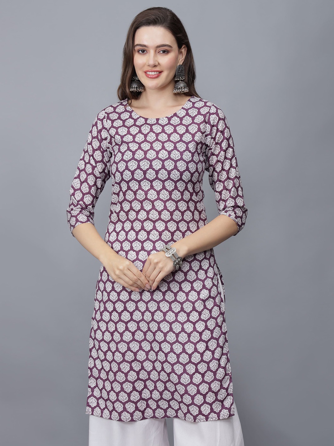 

ETRAANA Printed Pure Cotton Round Neck Kurta, Purple