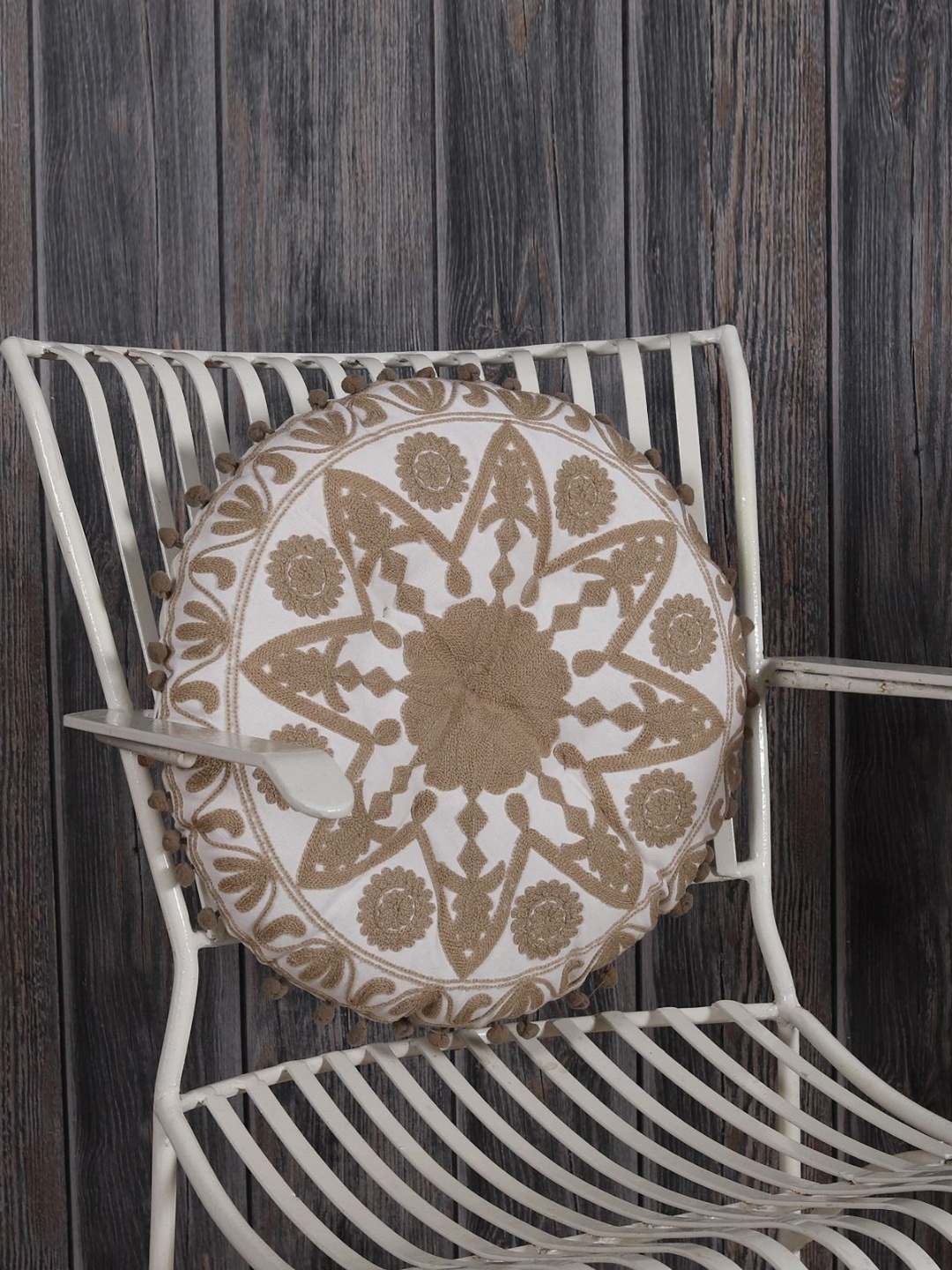 

HANDICRAFT PALACE Beige & White Suzani Embroidery Cotton Round Floor Cushion