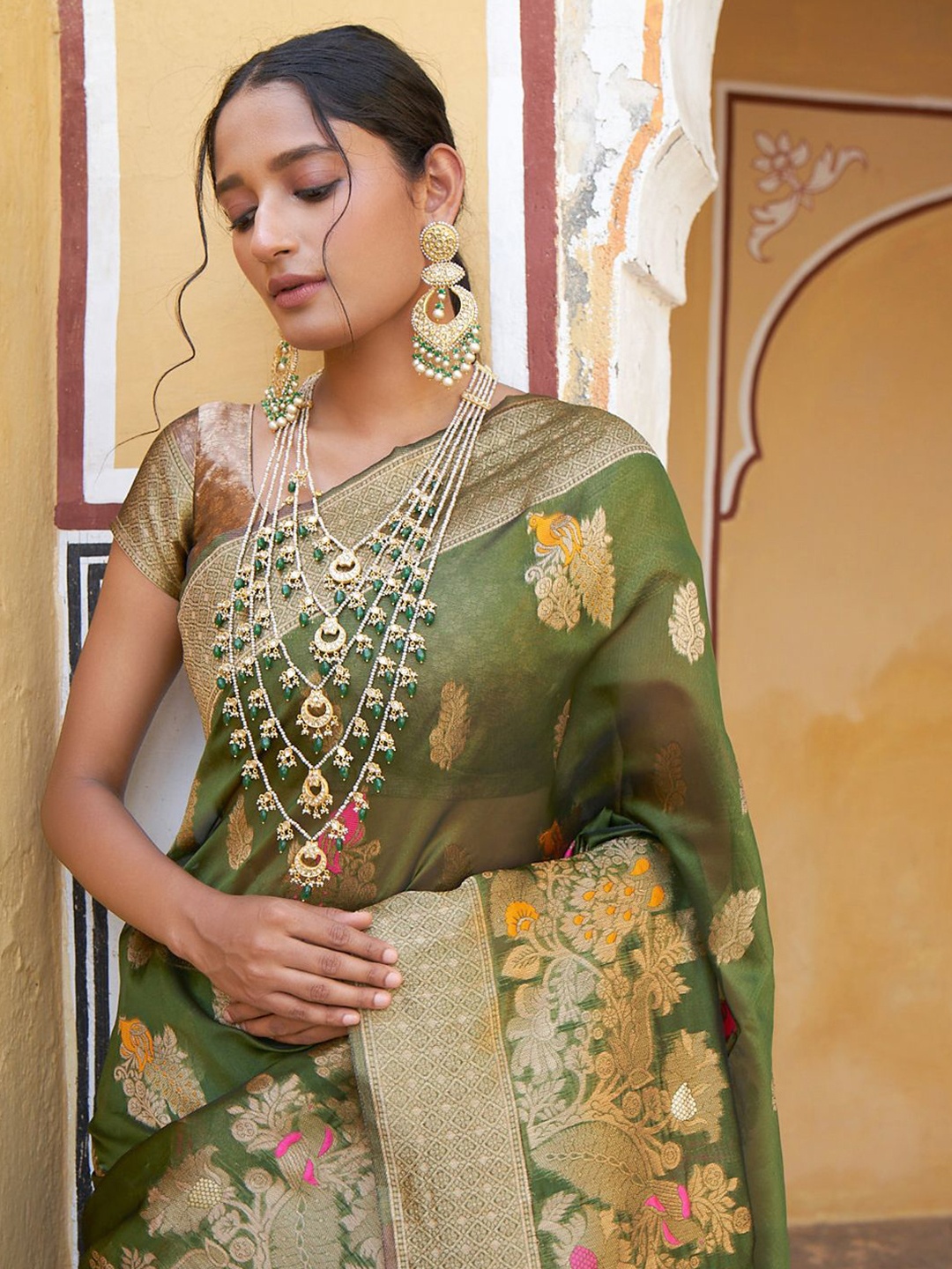 

Janasya Women Organza Woven Ethnic Saree With Unstitched Blouse Piece, Green