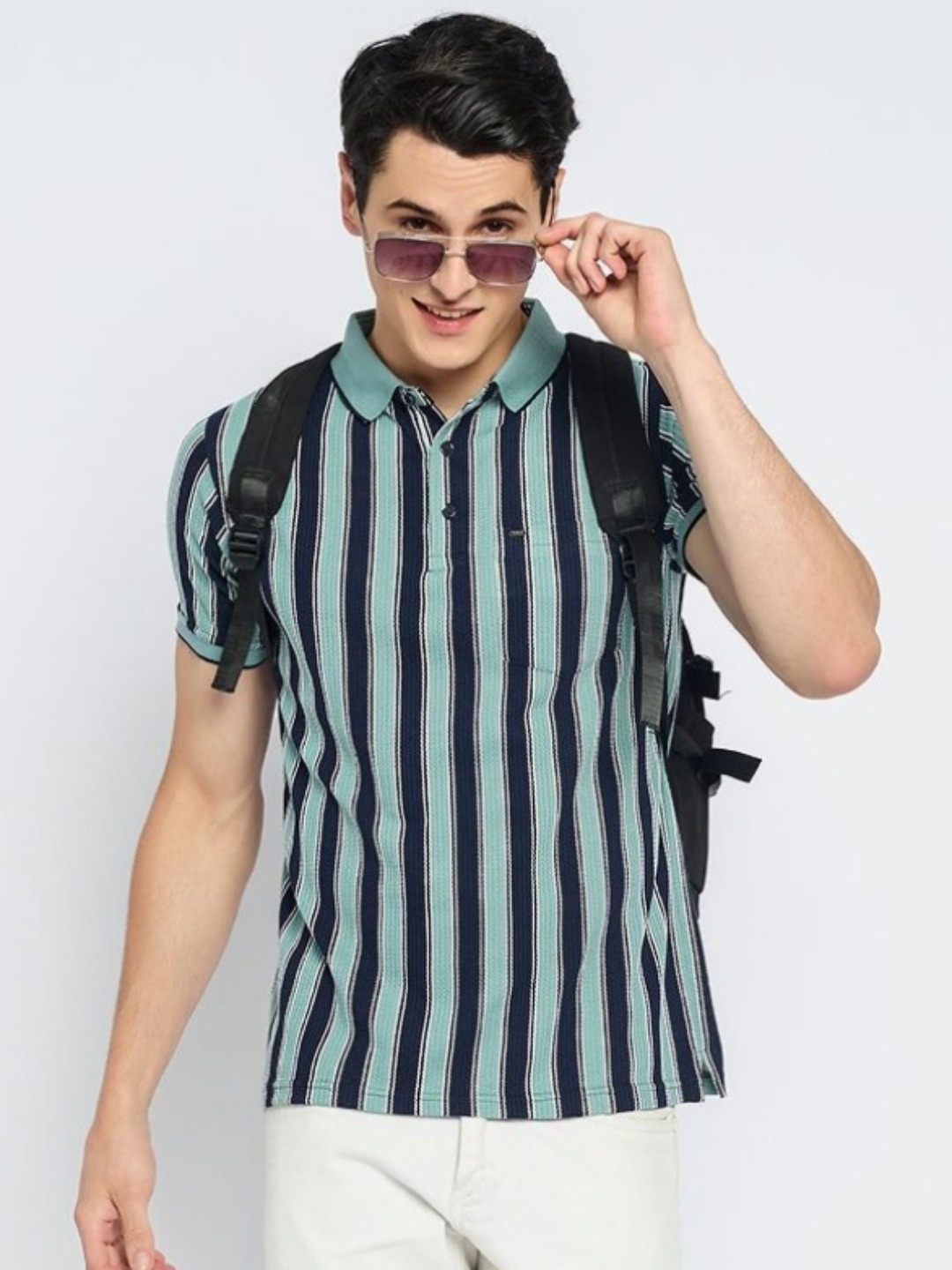 

ARRAY Men Striped Polo Collar T-shirt, Sea green