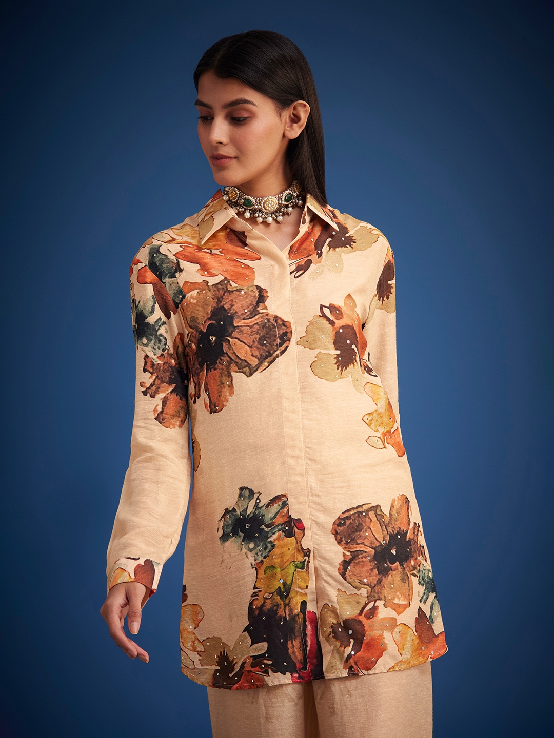 

KALKI Fashion Floral Printed Embroidered Linen Top With Trousers Co-Ords, Off white