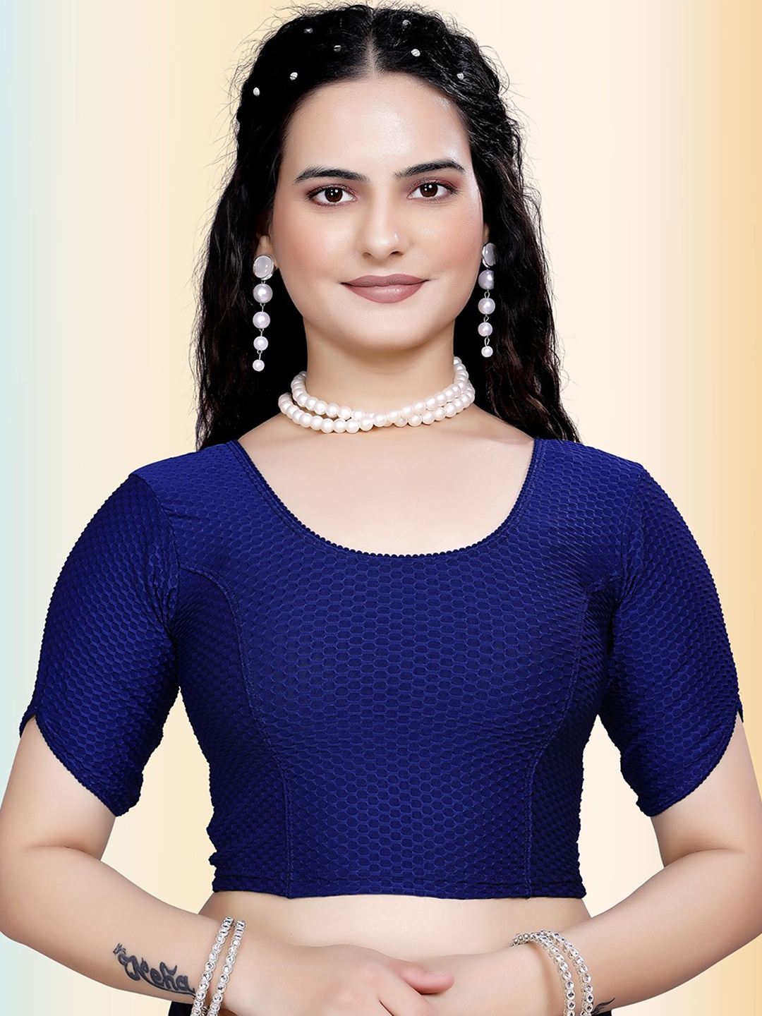

TANISHM FEB TEX Cotton Round Neck Saree Blouse, Navy blue