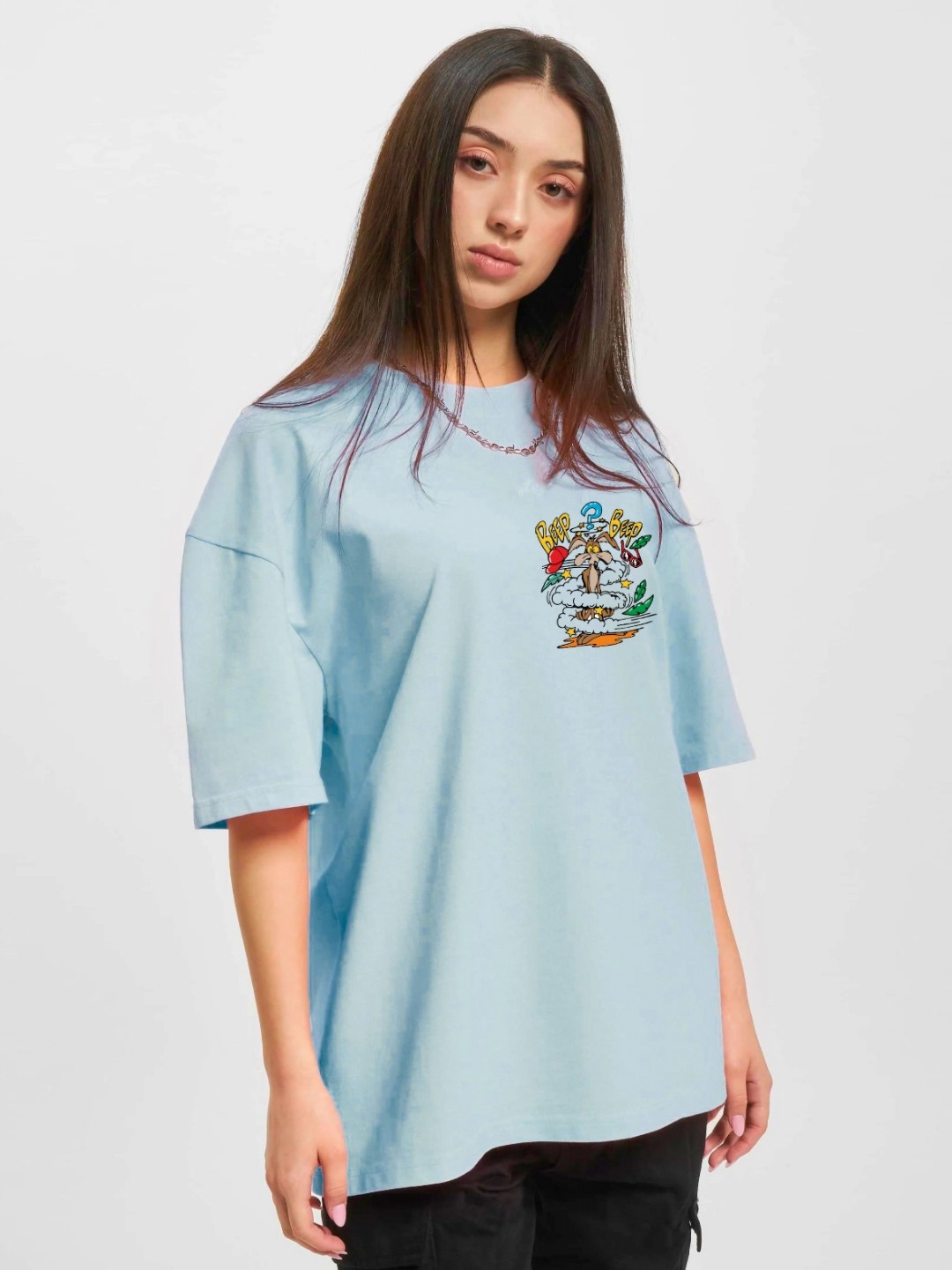 

RAYACLOSET Women Printed Drop-Shoulder Sleeves T-shirt, Blue