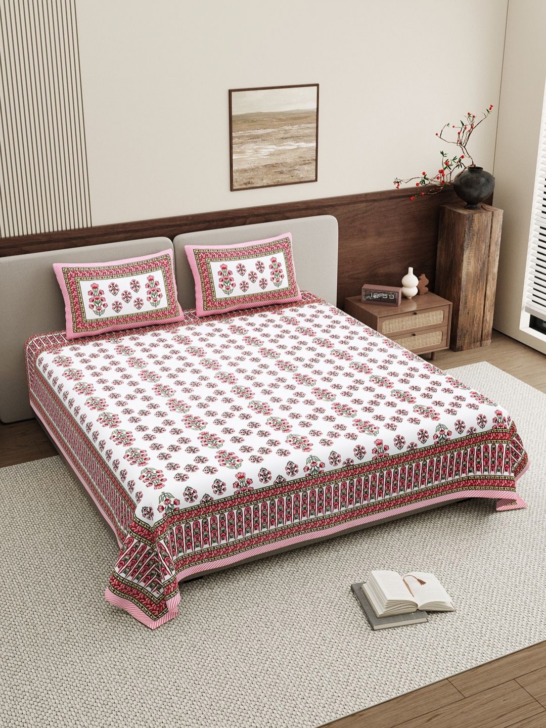 

BELLA CASA White & Red Floral 250 TC King Bedsheet with 2 Pillow Covers