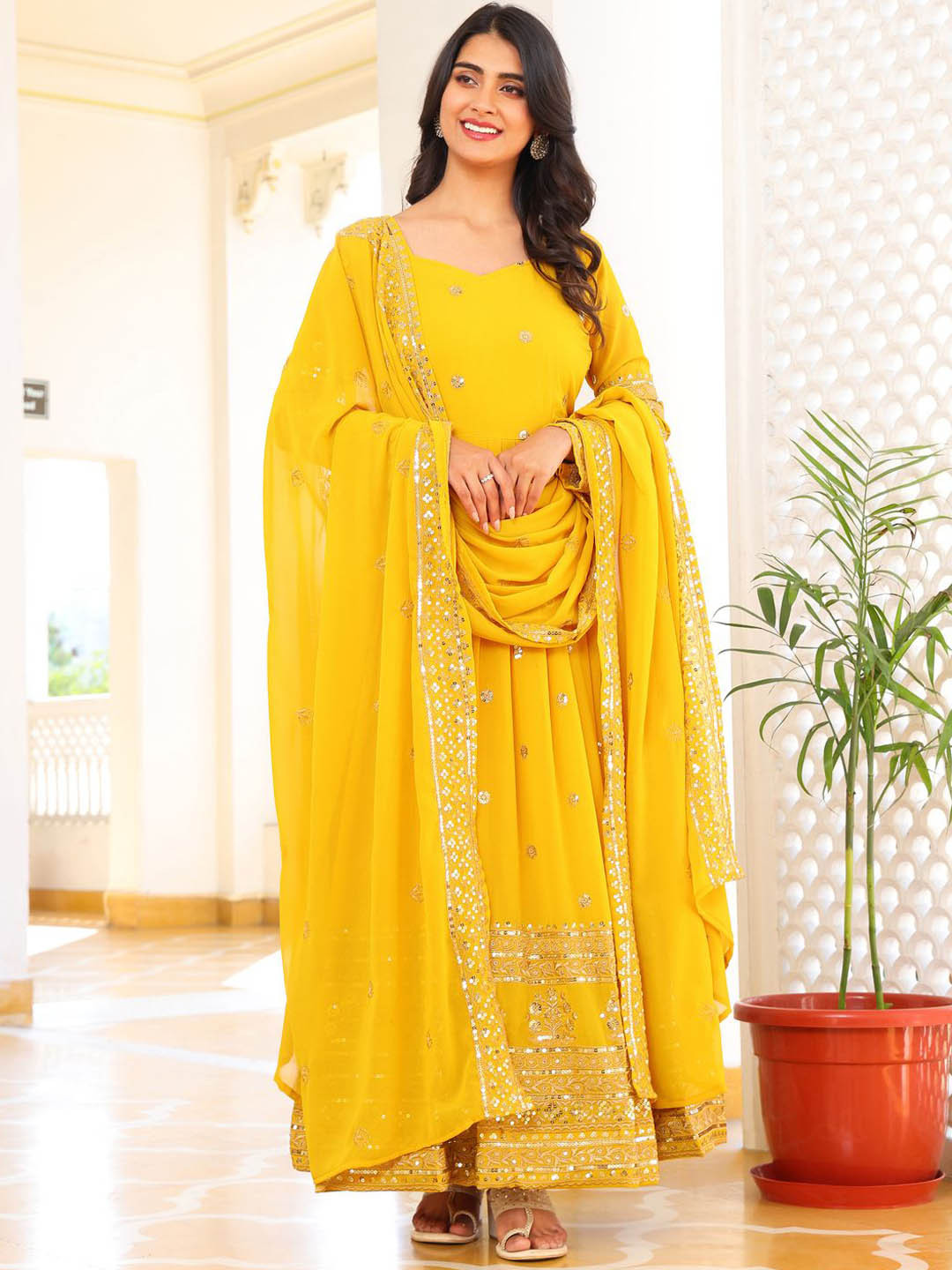 

Wedani Women Floral Embroidered Regular Kurta with Pyjamas & With Dupatta, Yellow