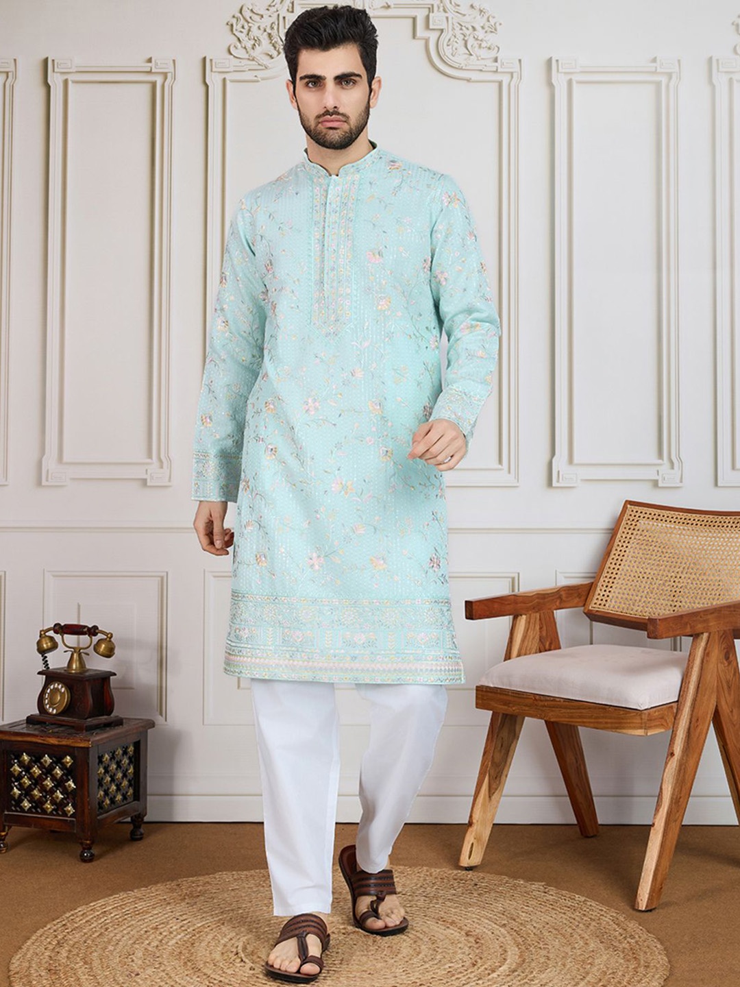 

House of Pataudi Embroidered Straight Kurta, Green