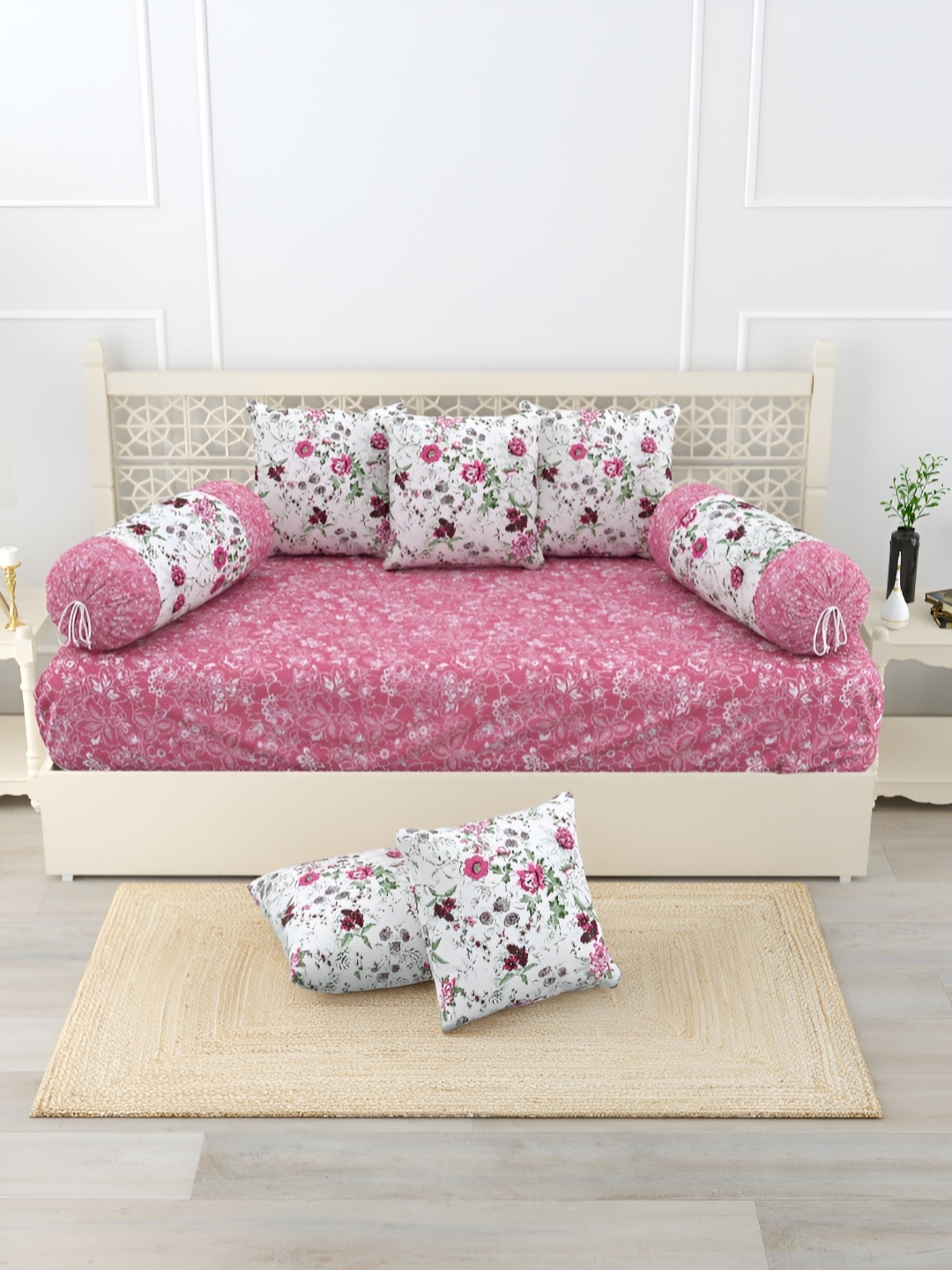 

Salona Bichona 8 Pieces Floral Printed Pure Cotton Diwan set, Pink