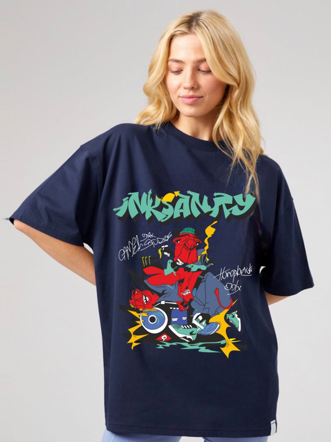 

RAYACLOSET Women Printed T-shirt, Navy blue