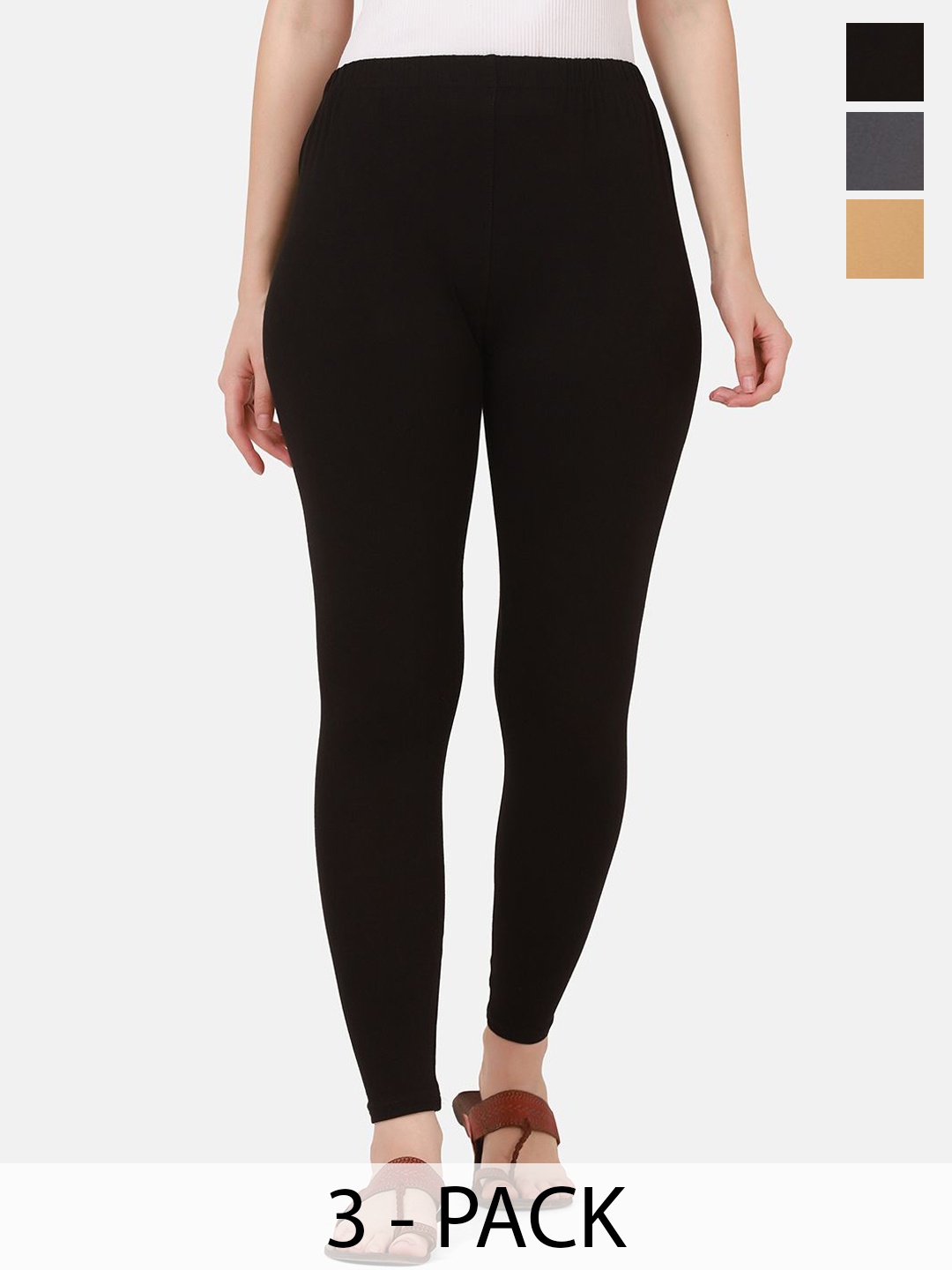 

DIMPY GARMENTS Pack Of 3 Pure Cotton Slim Fit Mid Rise Ankle Length Leggings, Black