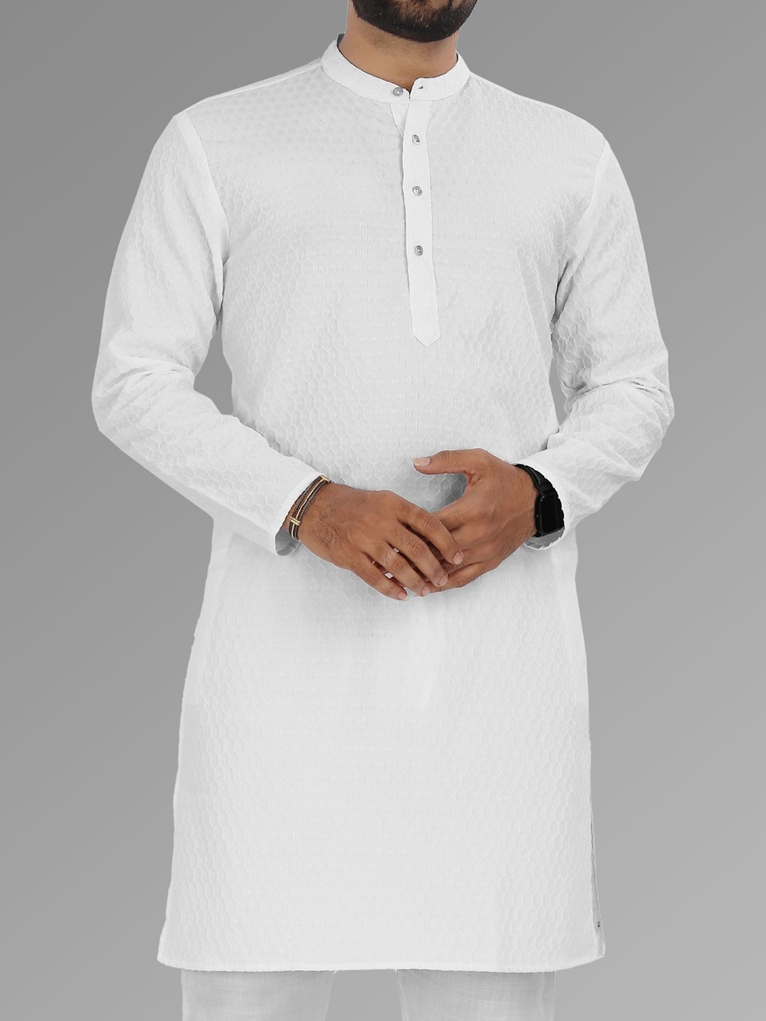 

VeBNoR Men Thread Work Dobby Kurta, White