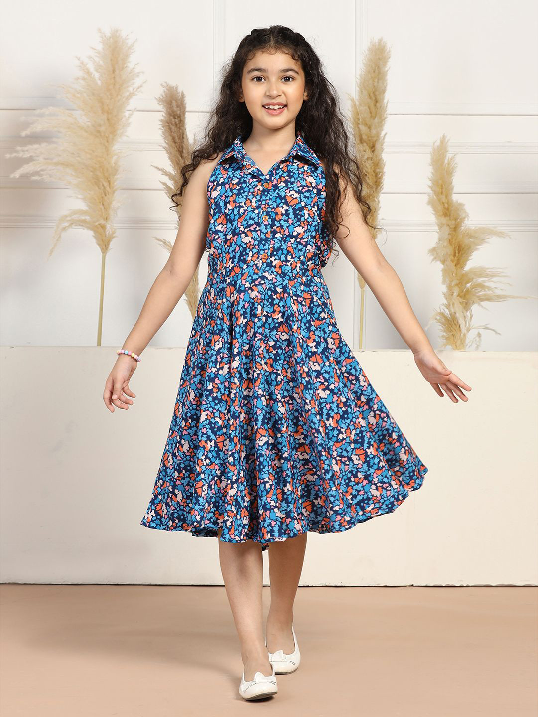 

YK Girls Floral Printed Crepe Fit & Flare Ready to Wear Dress, Blue