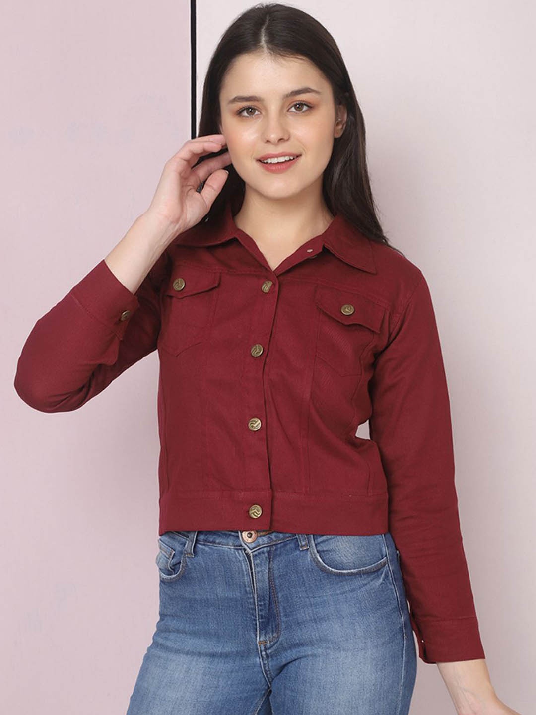

DIMPY GARMENTS Women Lightweight Denim Jacket, Maroon
