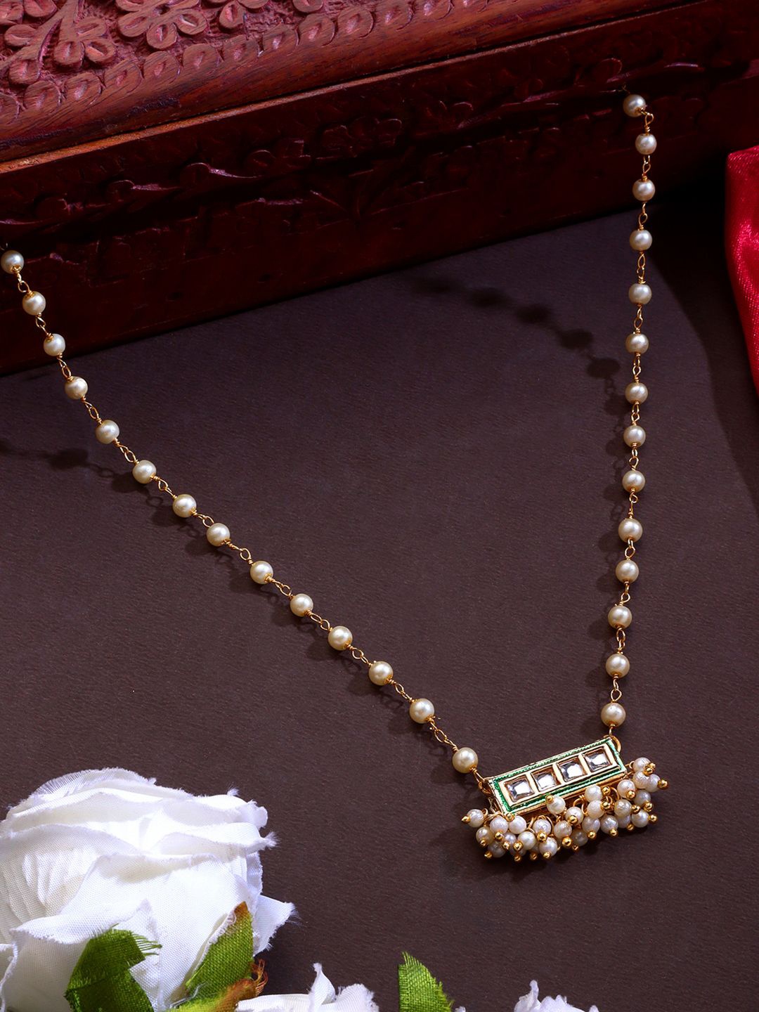 

AARSEE OFFICIAL Anti-Tarnish 22KT Gold-Plated Kundan Bar Pearl Chain Necklace