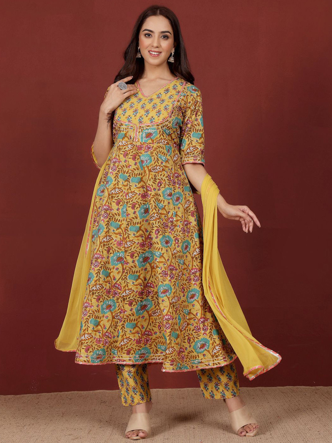

Varanga Floral Printed V-Neck Gotta Patti Pure Cotton A-Line Kurta With Trousers & Dupatta, Yellow