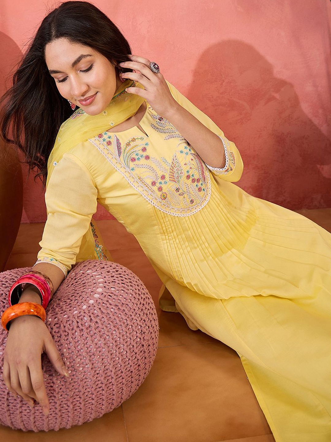 

Sangria Zari Sequence Embroidered Straight Kurta & Trousers With Dupatta, Yellow
