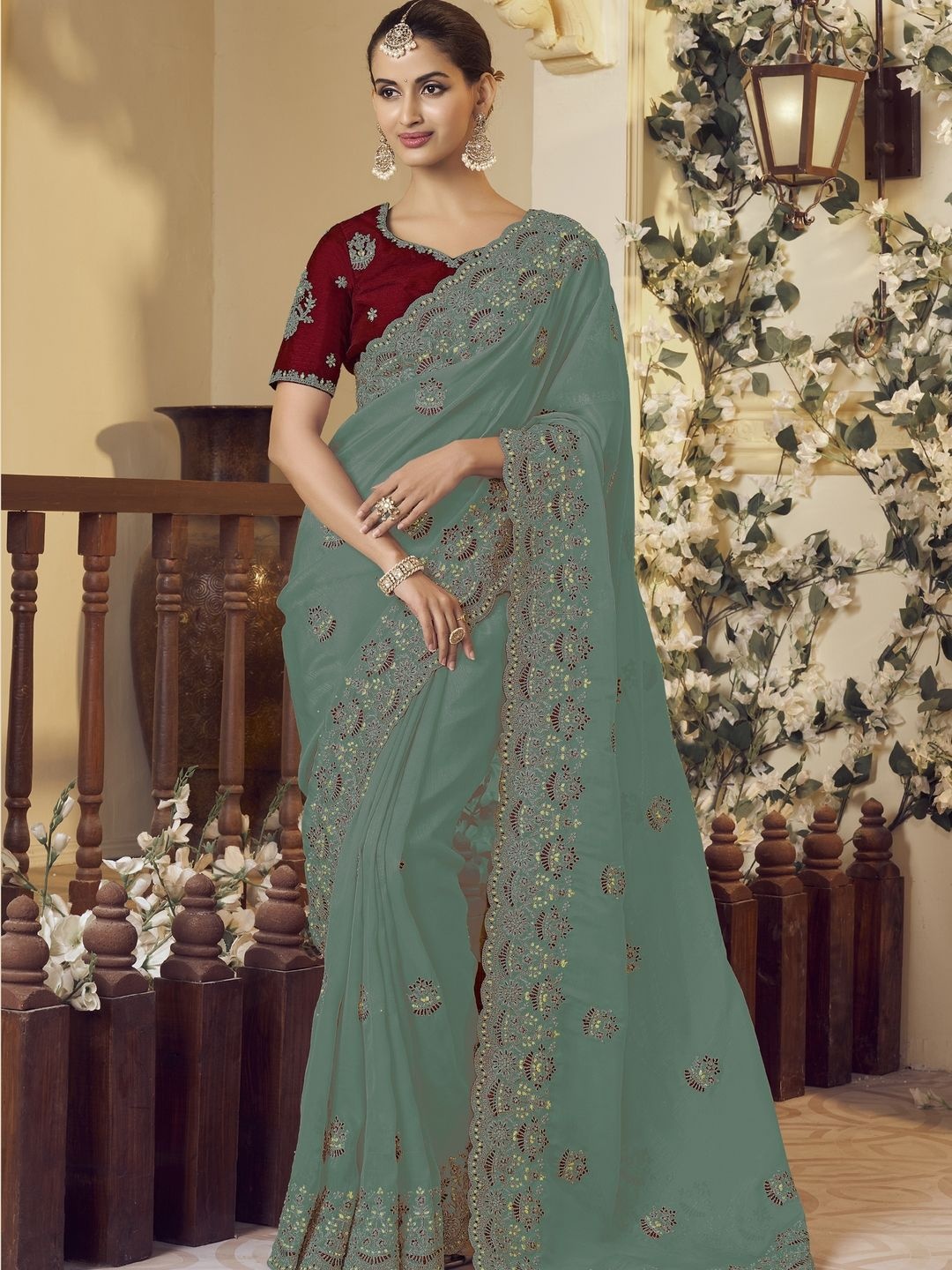 

Suha Floral Organza Saree, Green