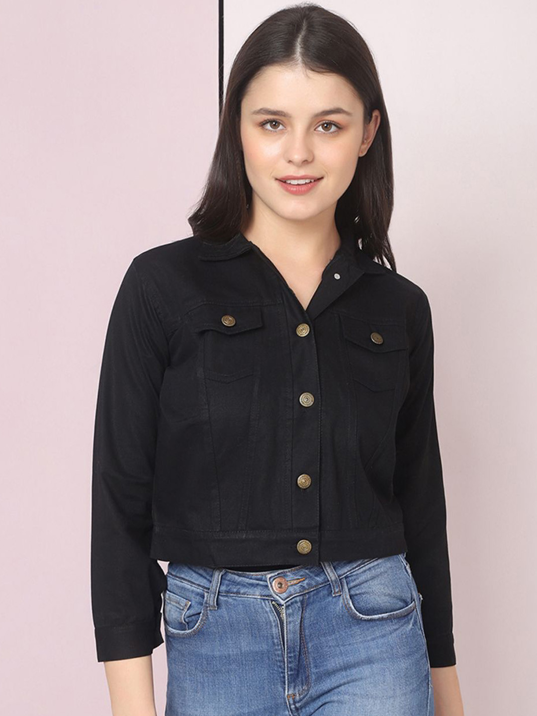 

DIMPY GARMENTS Women Lightweight Denim Jacket with Embroidered, Black