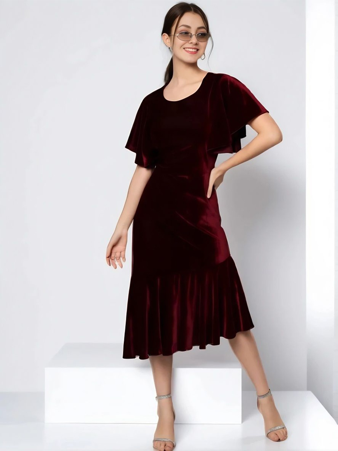 

Moda Rapido Flutter Sleeve Velvet A-Line Midi Dress, Maroon