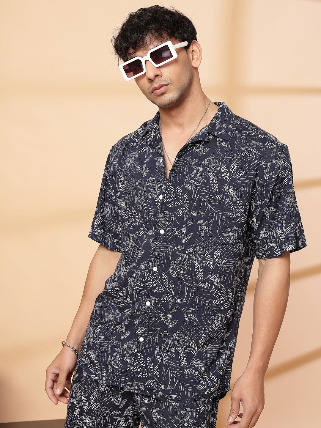 

Rigo Tropical Printed Shirt With Shorts Co-Ords Set, Navy blue
