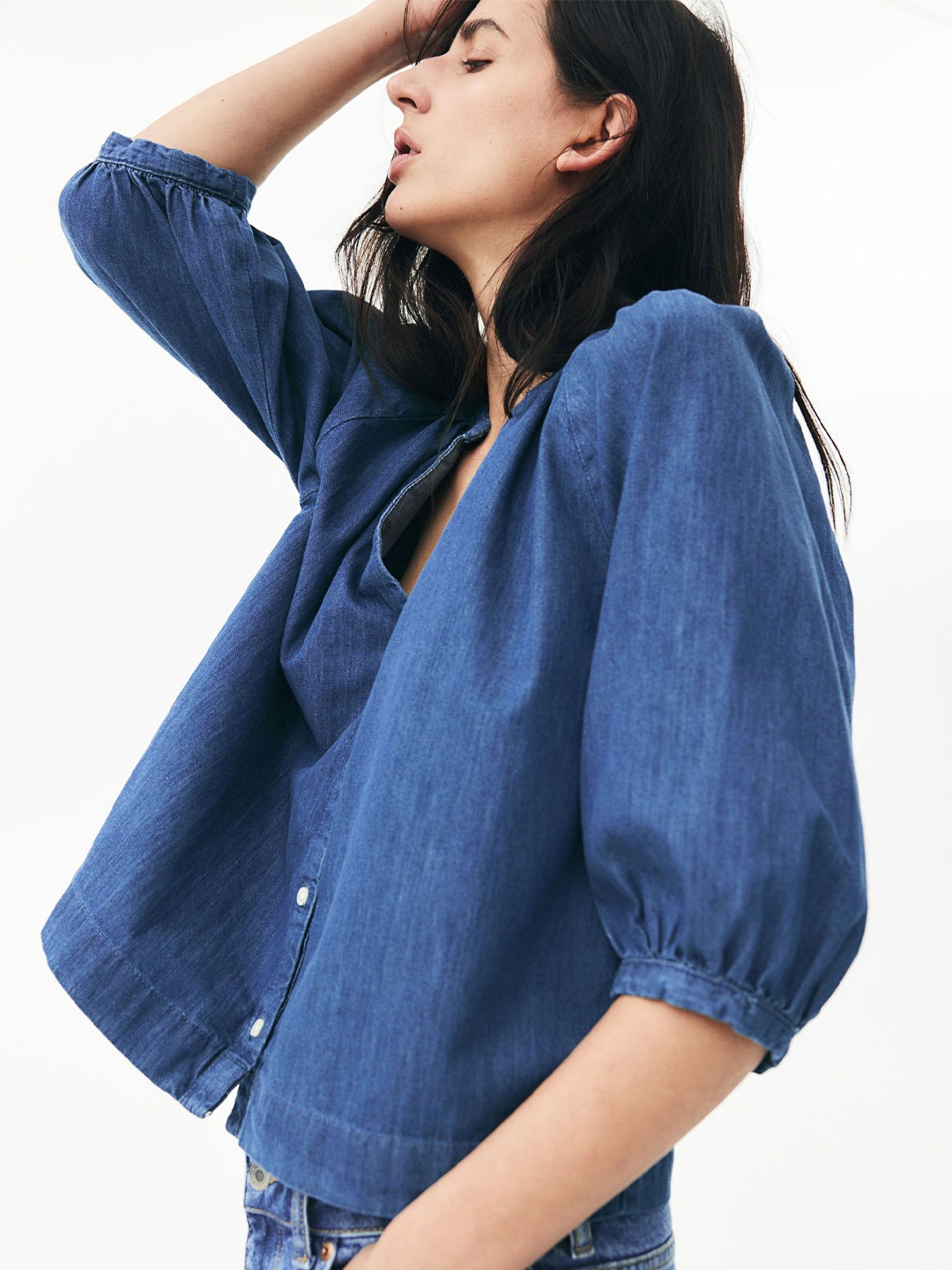 

H&M Balloon-Sleeved Denim Blouse, Blue