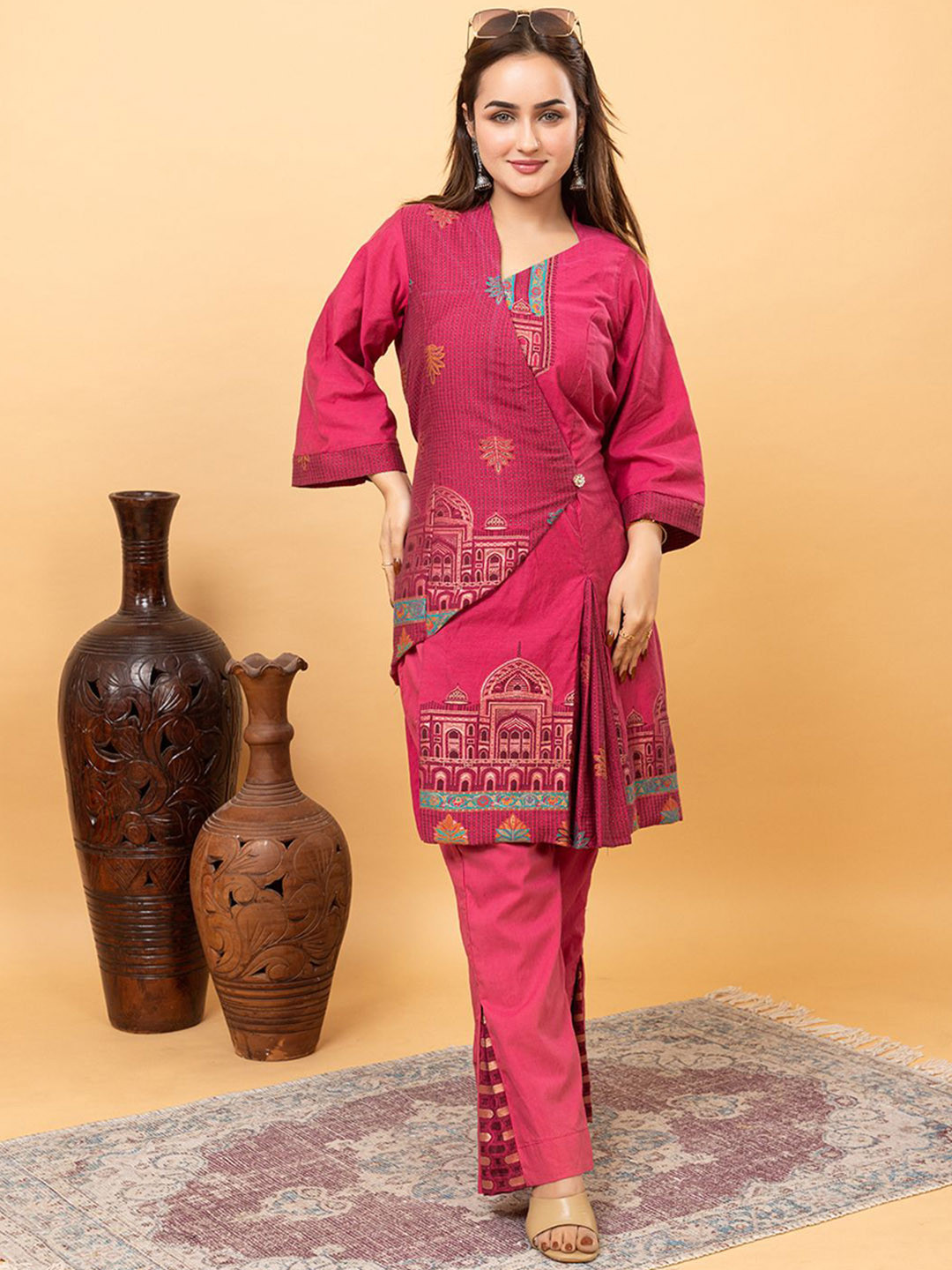 

KIDAR Woven Design V-Neck Top With Trouser, Magenta