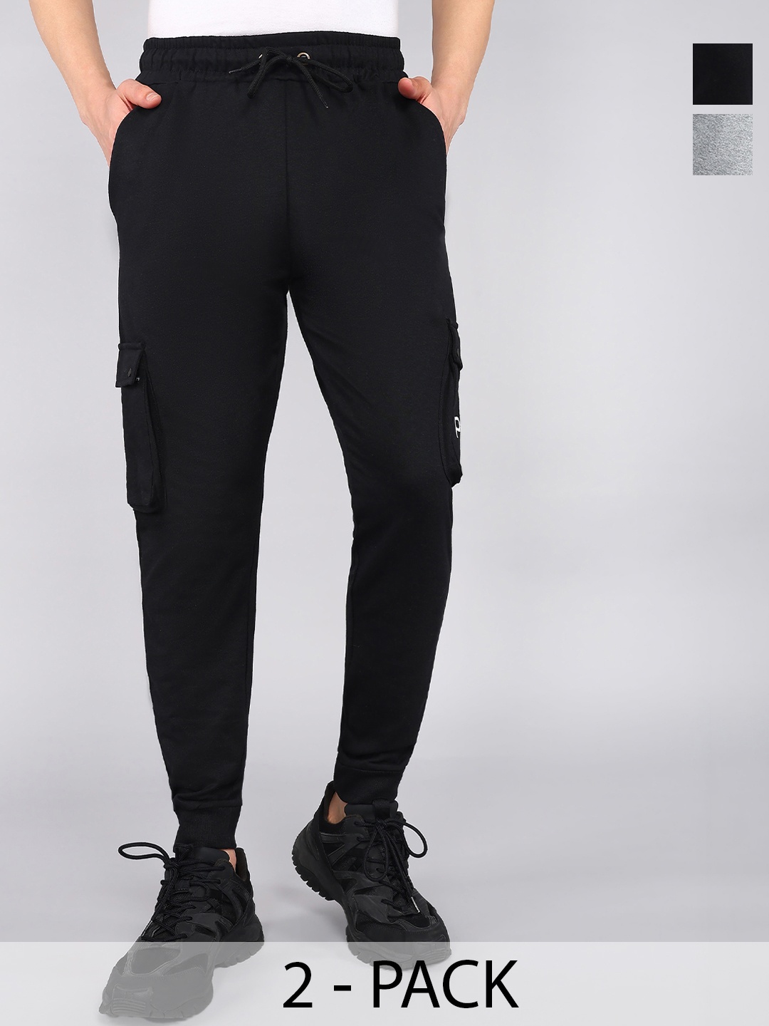 

Moda Rapido Men Pack Of 2 Mid Rise Cargo Track Pants, Black
