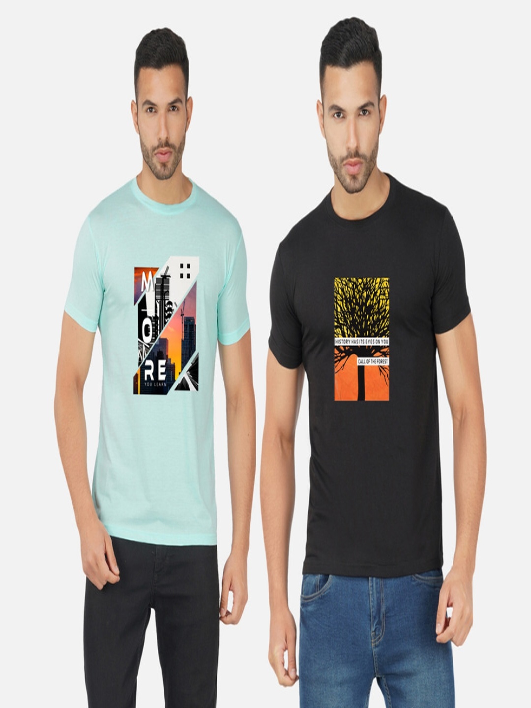 

GLOBAL NOMAD Men 2 Printed Bio Finish Applique T-shirt, Turquoise blue