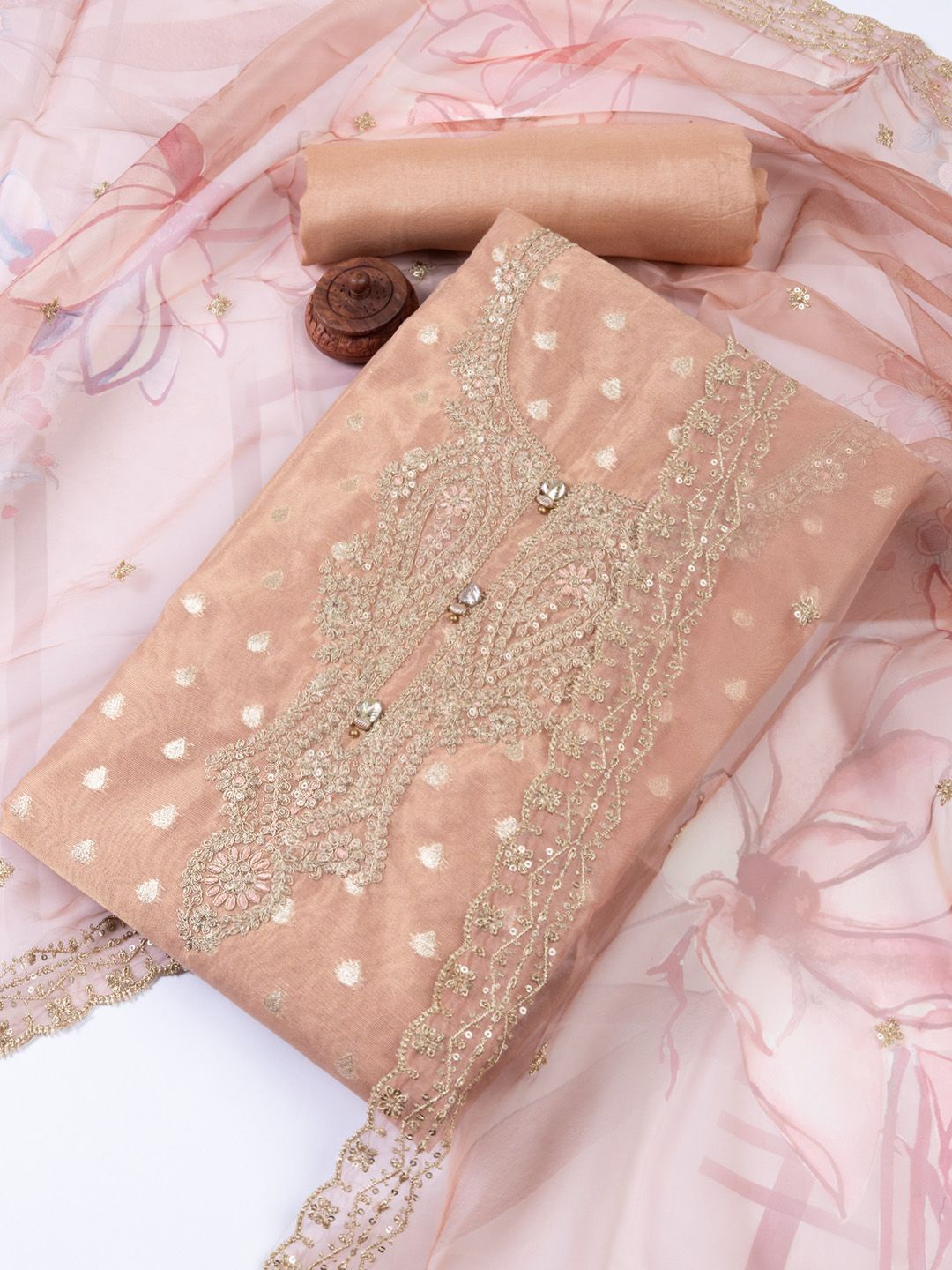 

Meena Bazaar Unstitched Dress Material, Peach